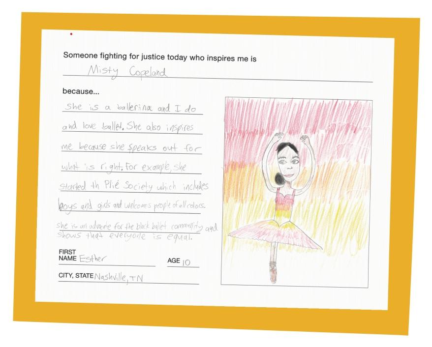 A card with a hand-drawn image of the ballerina Misty Copeland and a student's reason for choosing her as a fighter for freedom.